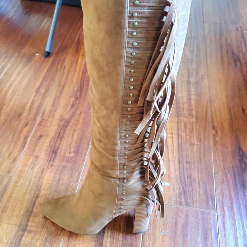 Never been worn! Knee high camel/tan heeled boots with frills